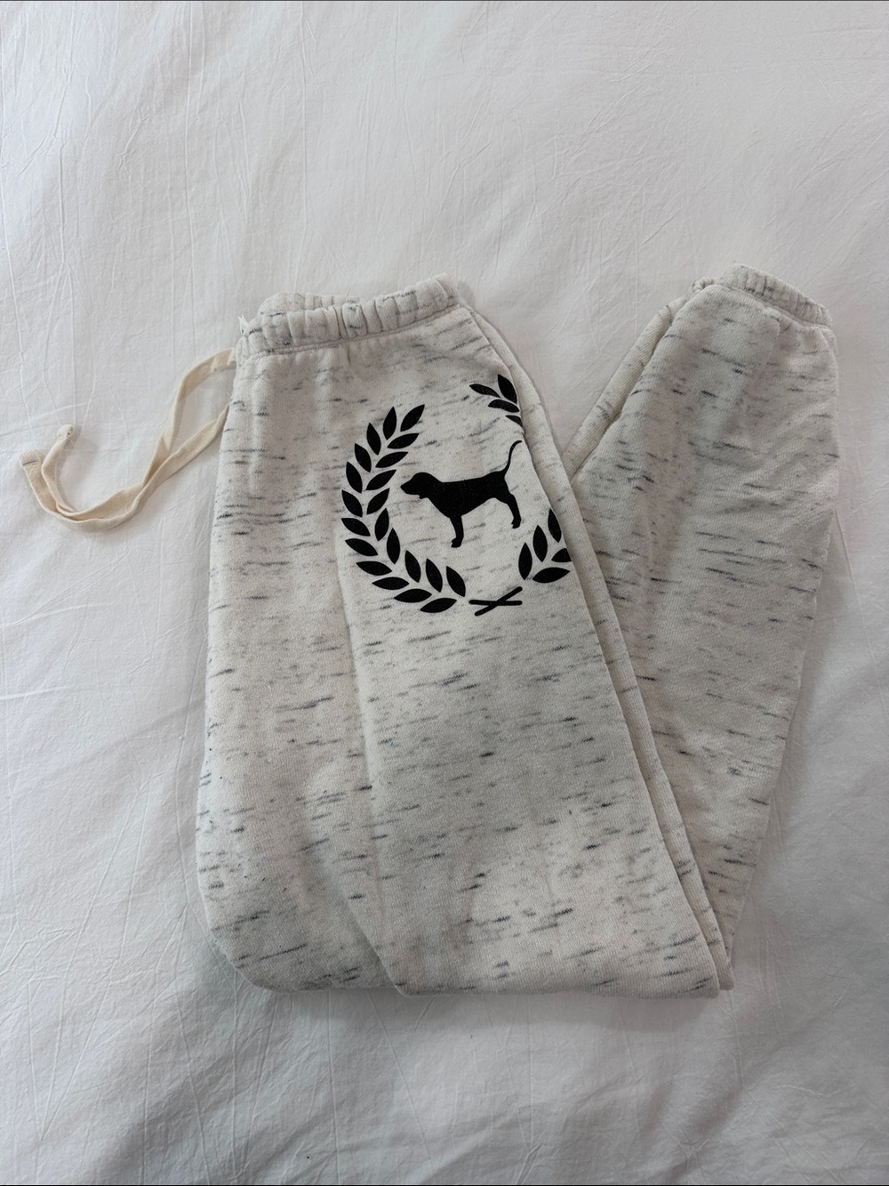 PINK Victoria's Secret Cream Speckled Joggers with Black Dog Graphic